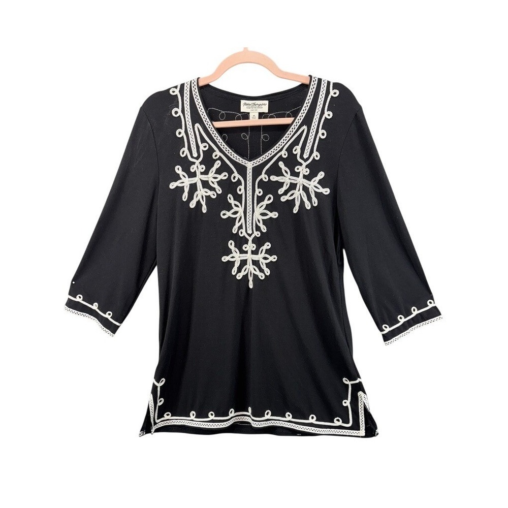Norm Thompson Tunic Top Women‎ M Black Embroidered 3/4 Sleeve V-Neck Boho Tunic